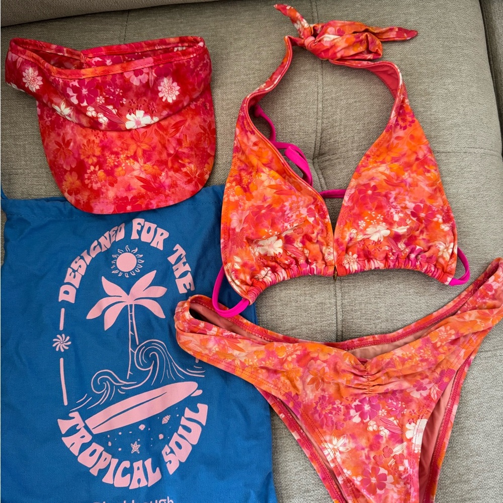 Vibrant Floral Bikini Set with Matching Visor